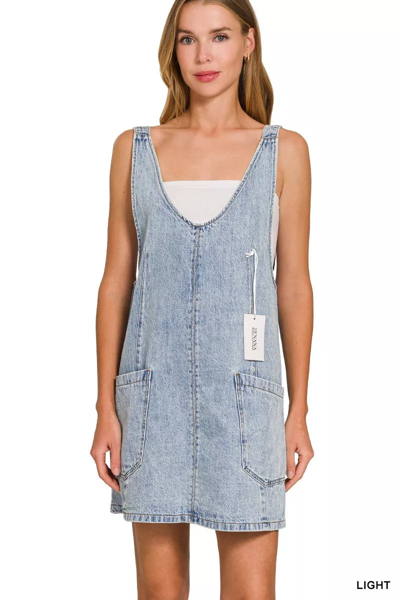 Zenana light wash denim overall dress side view