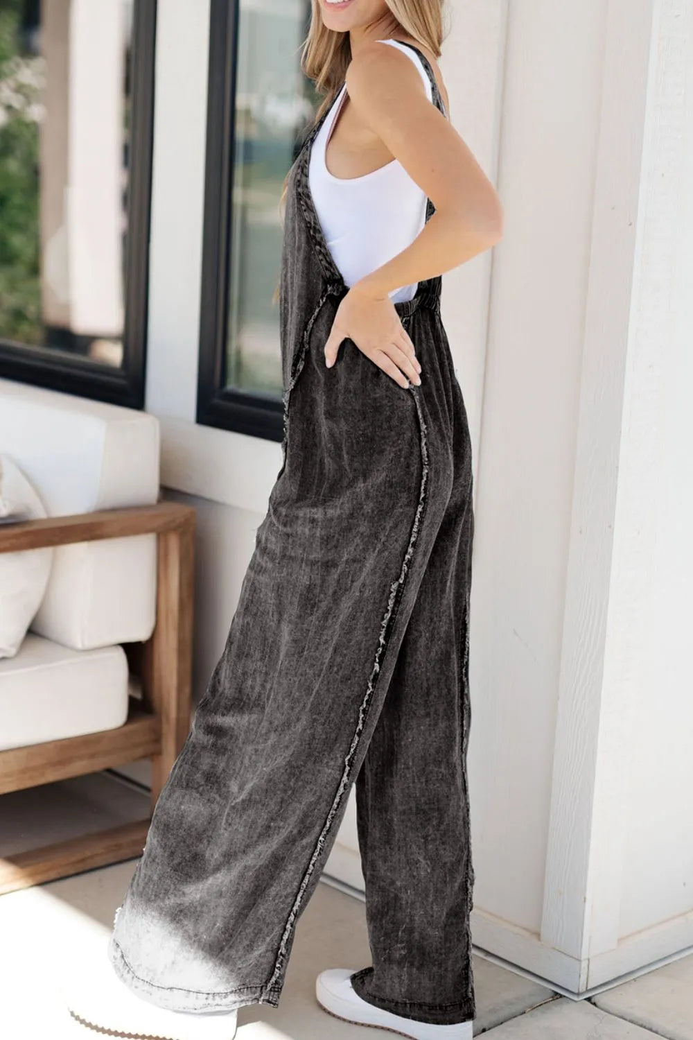 Frayed Exposed Seam Wide Leg Denim Overalls - Fashorio