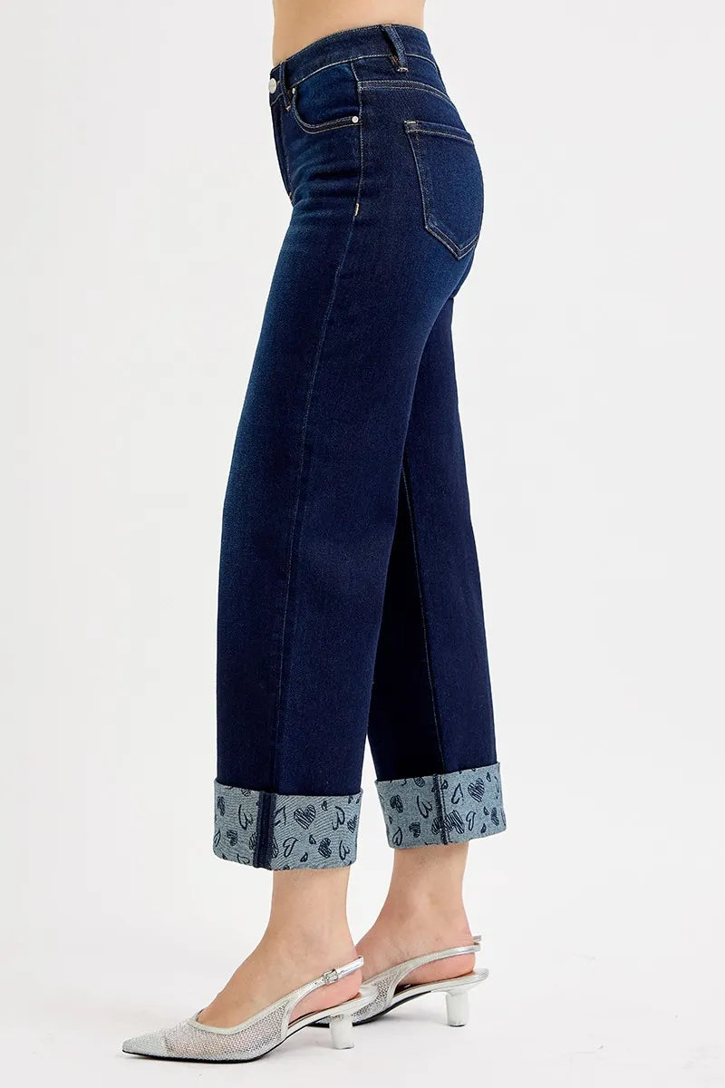 Close up of polka dot printed cuff on RISEN jeans