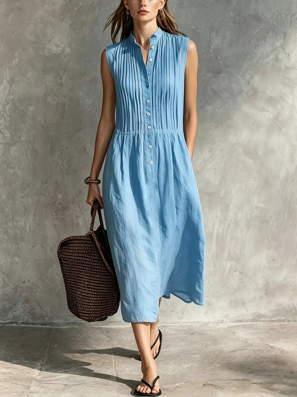 Sleeveless Button Front Midi Dress with Pockets, view 9