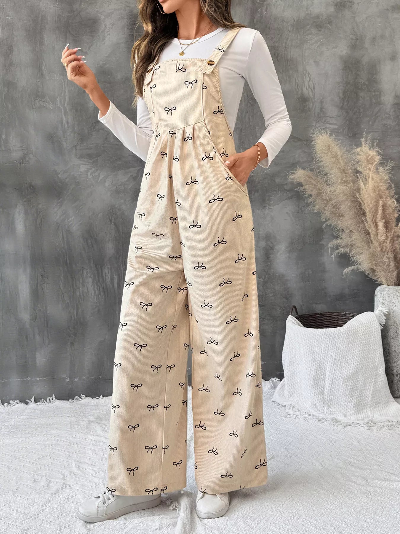 Bow Wide Leg Corduroy Overalls - Fashorio