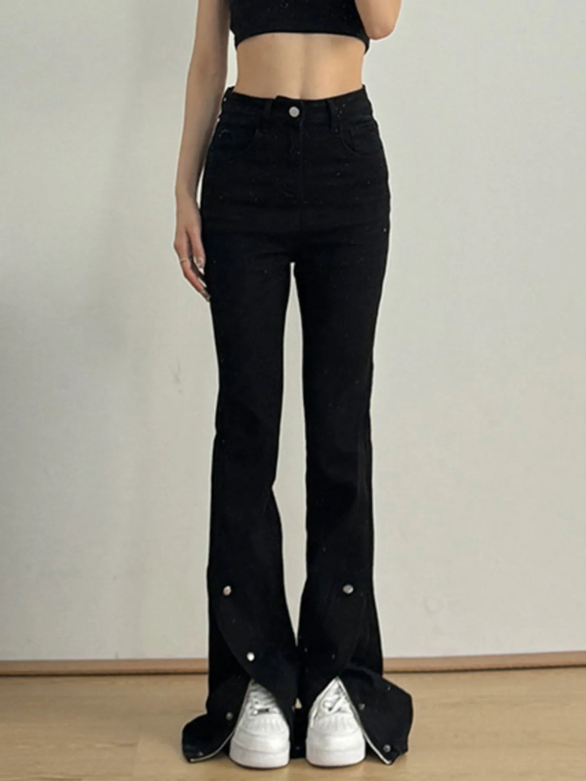 High waist slit flare jeans in black front view