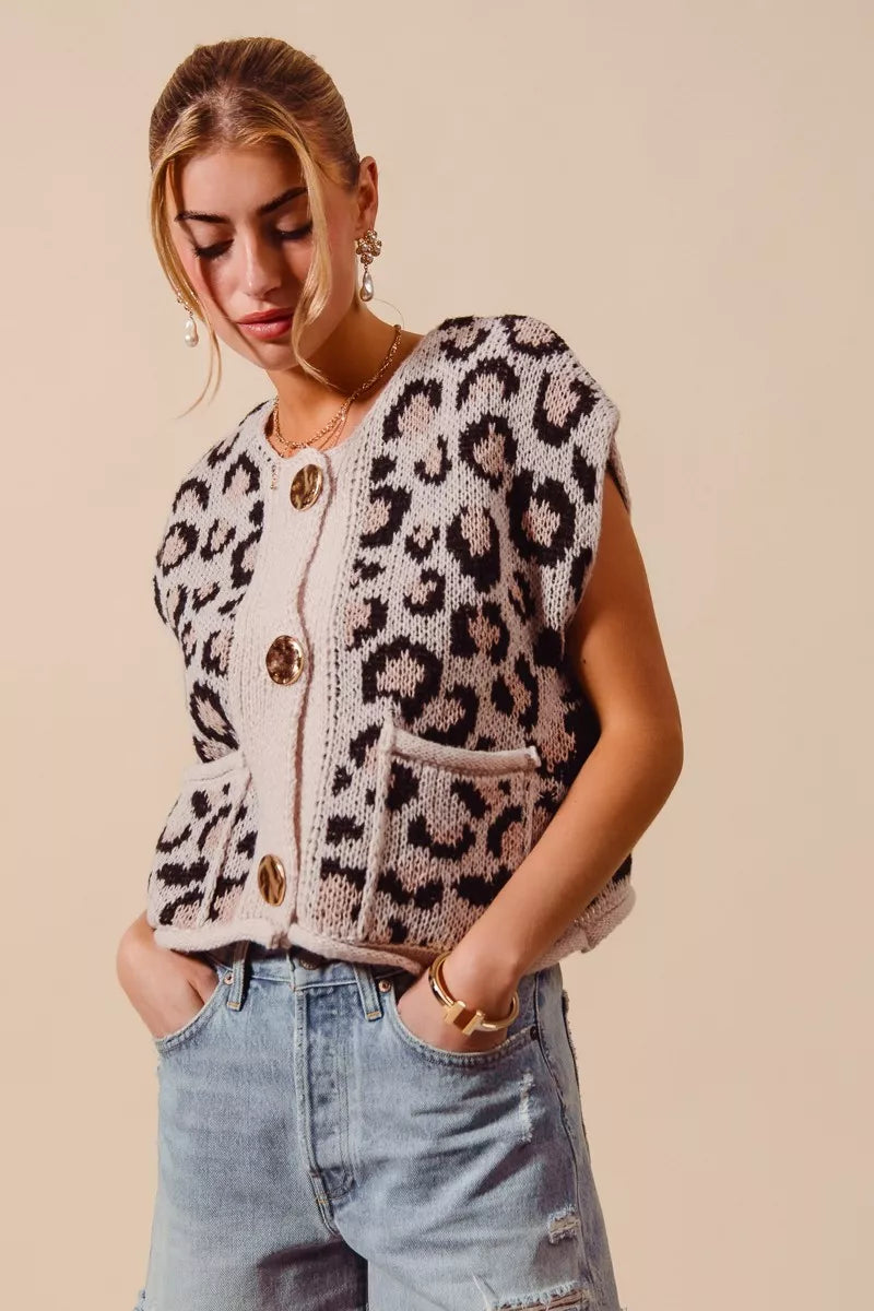 Button Front Leopard Print Sweater Vest close up