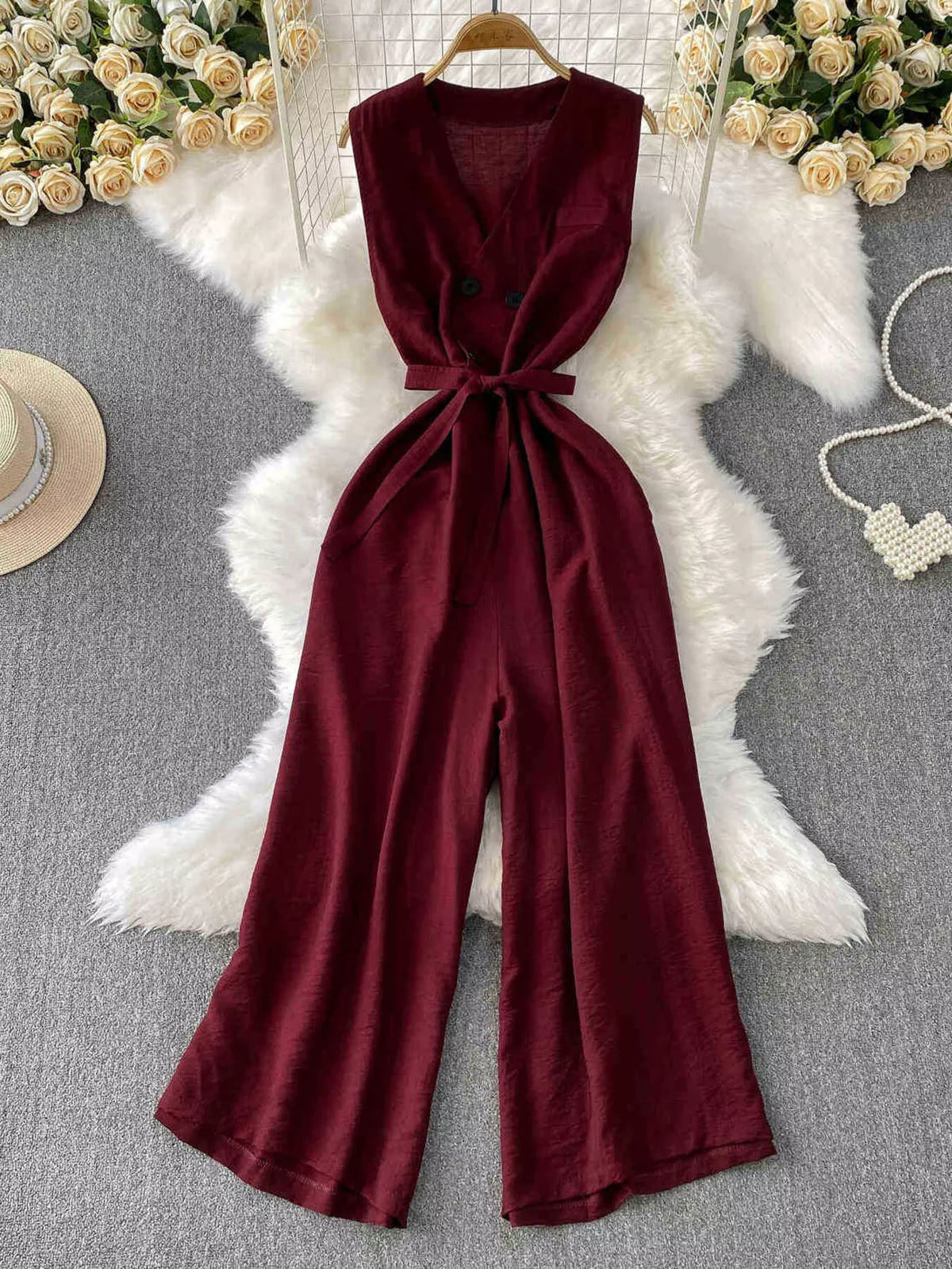 Apricot wide leg jumpsuit full length view