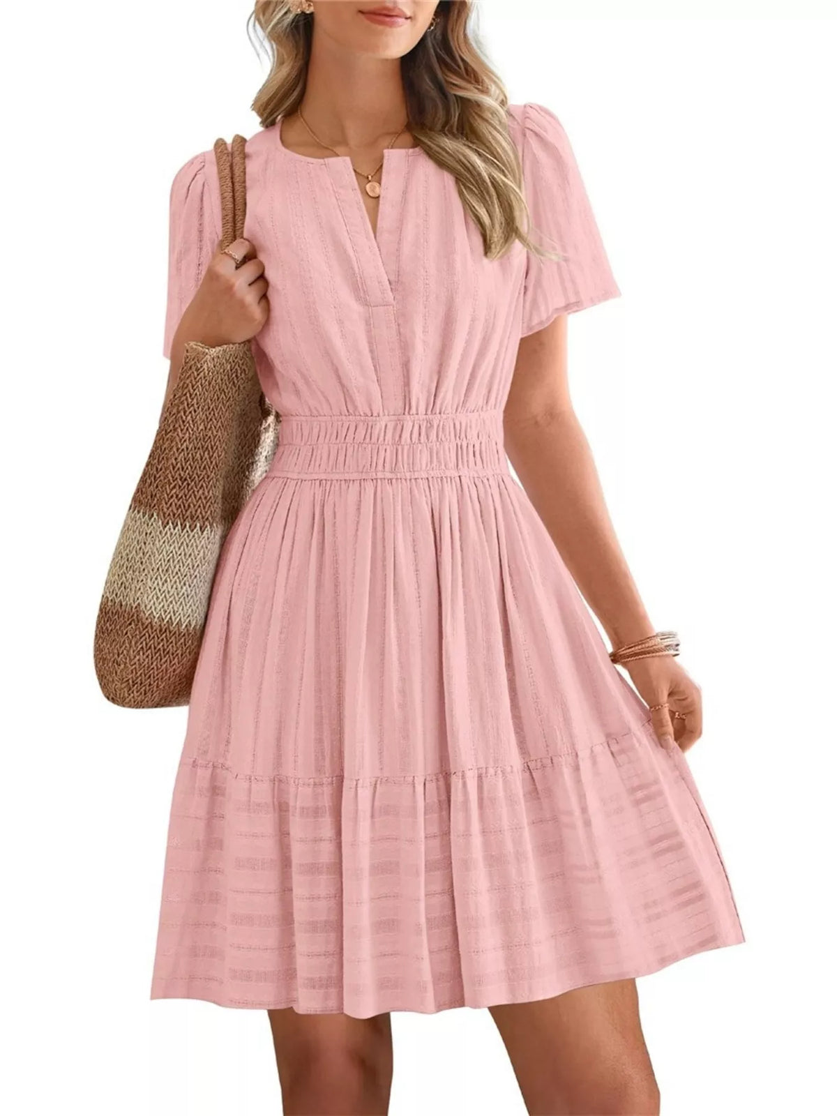 Short sleeve smocked waist tiered midi dress detail view
