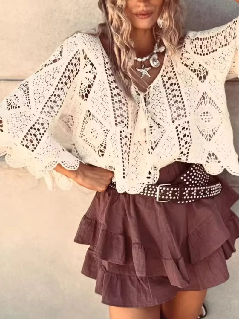 Tassel V-neck crochet knit top front view