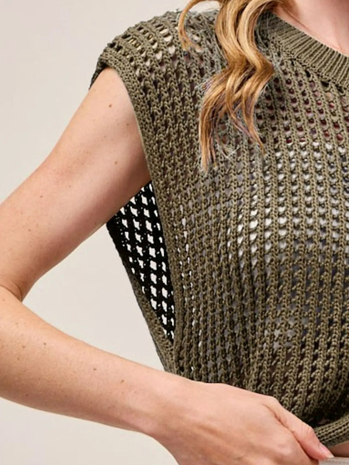 Big Button Openwork Sweater Vest in Mocha back view