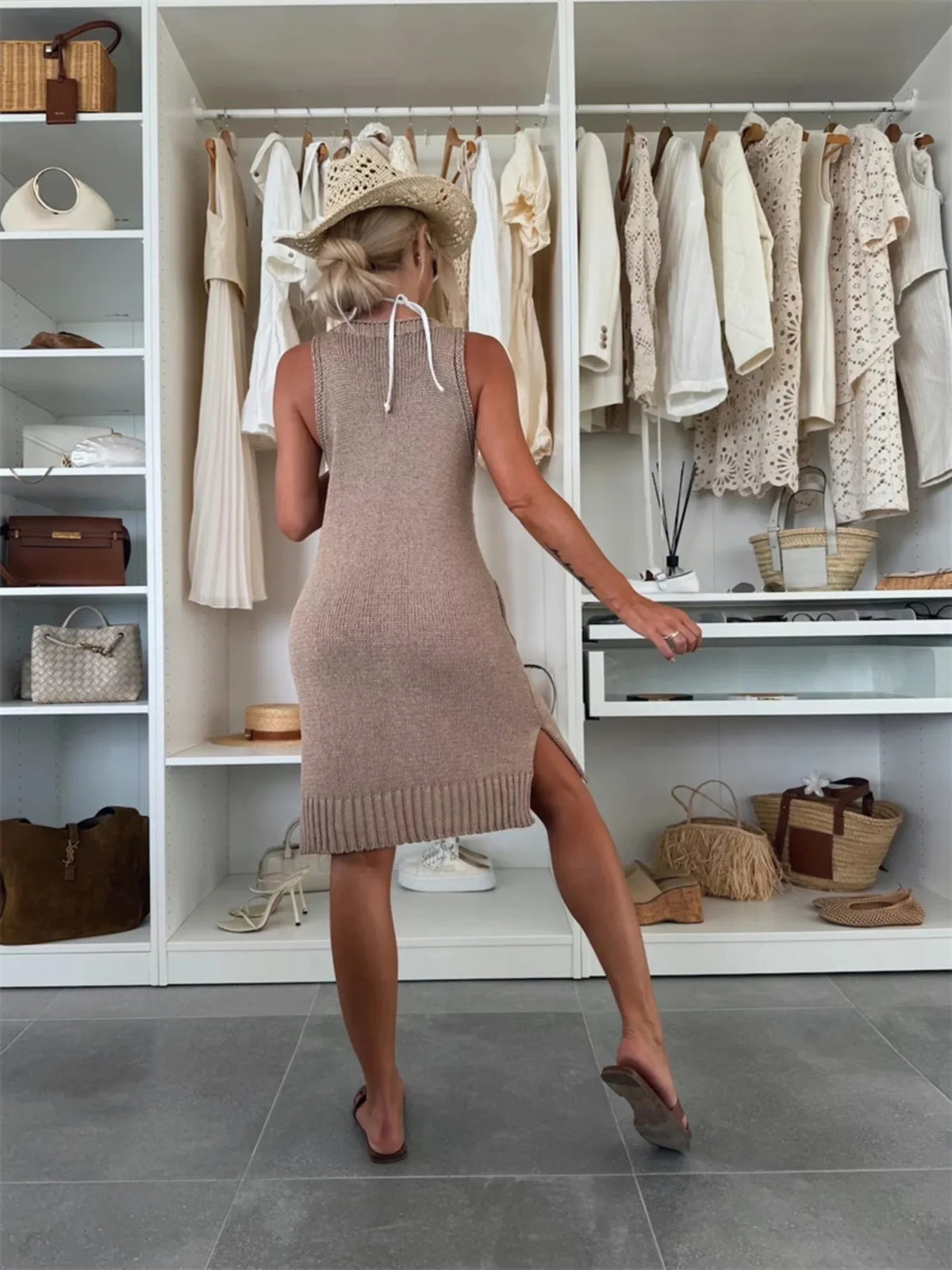 Ribbed V neck sweater dress back view