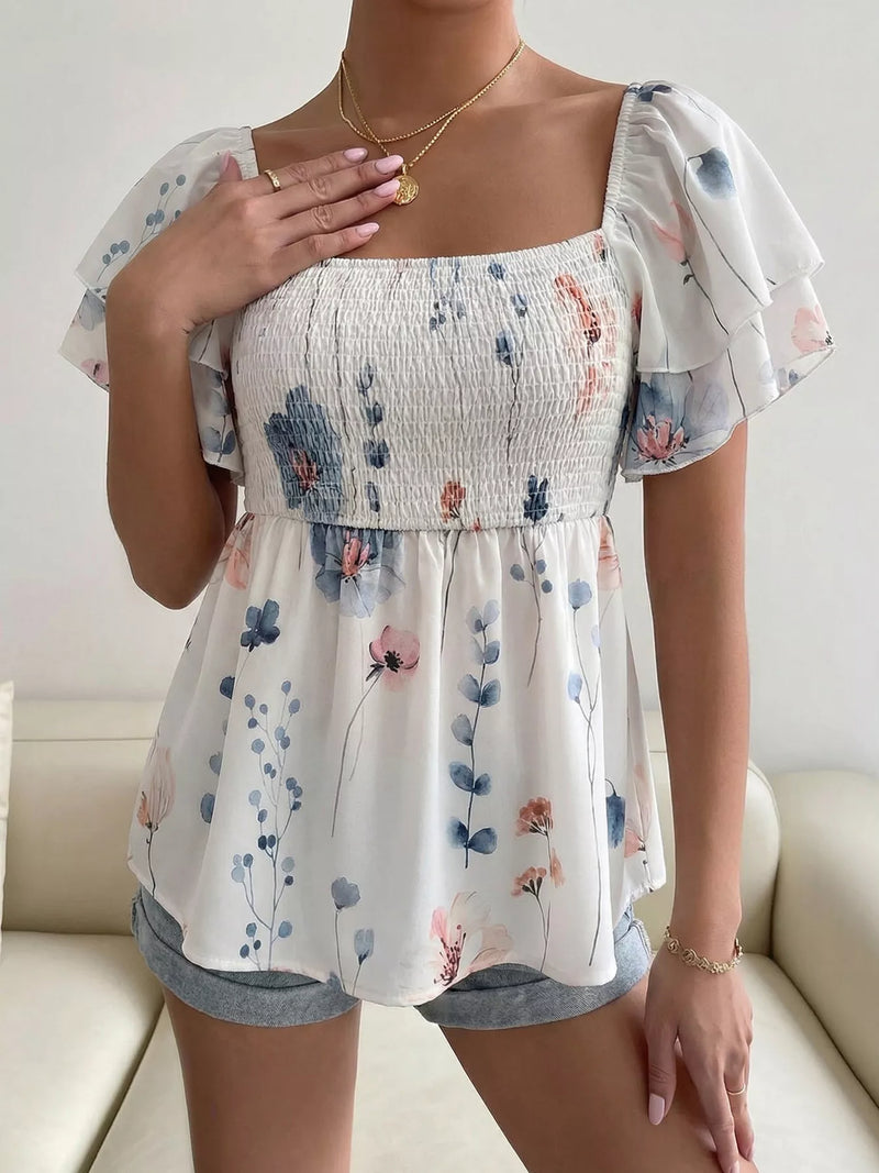 White smocked square neck flutter sleeve blouse front view