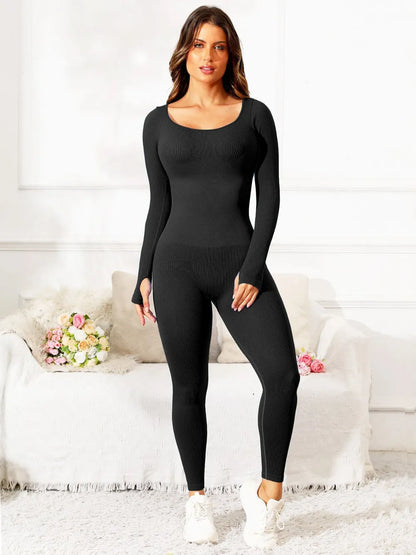 Scoop Neck Long Sleeve Active Jumpsuit Black - Fashorio