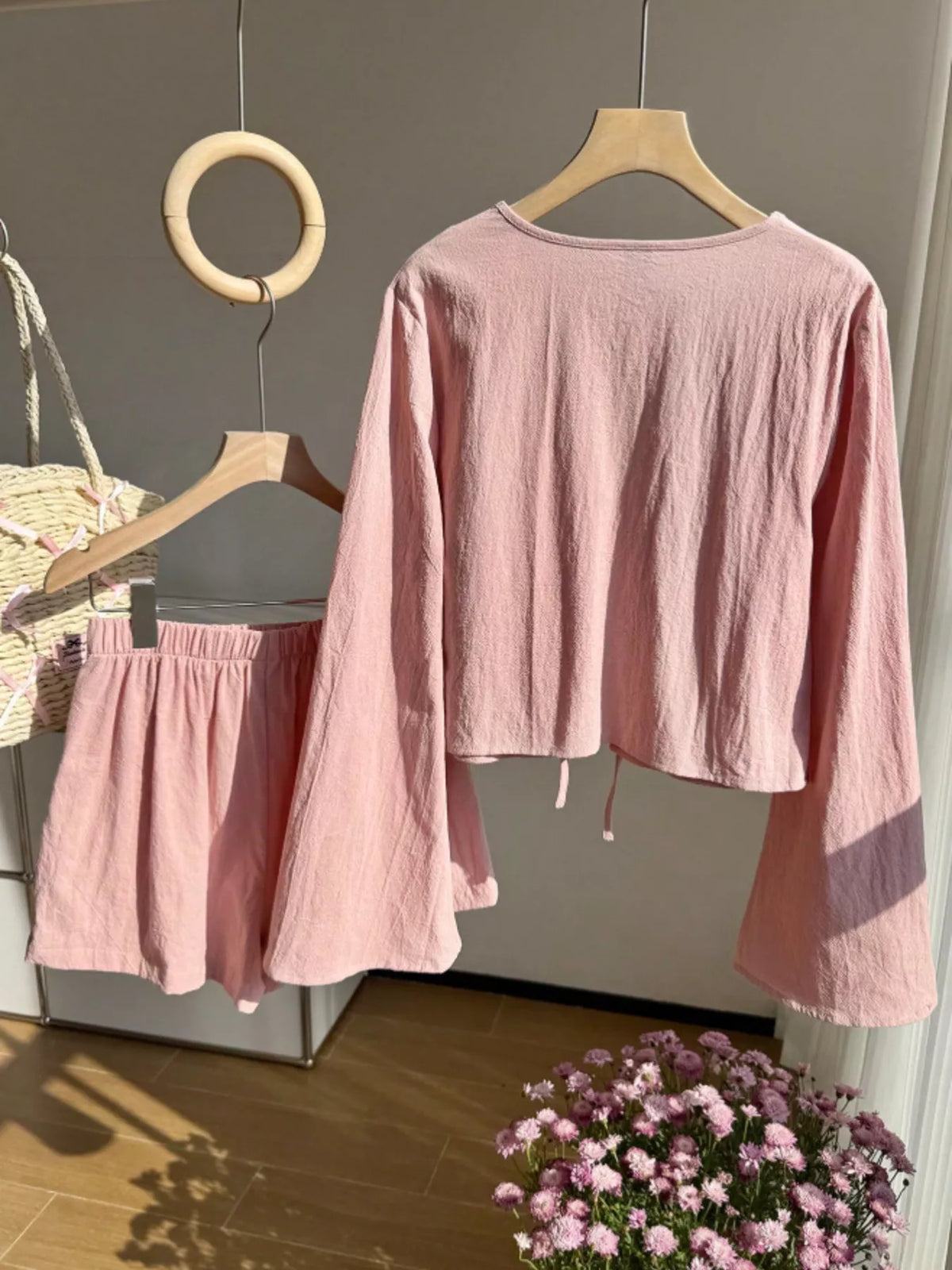 Embroidered Tie Front Top and Shorts Set, view 24
