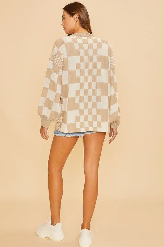 Annie Wear Checkered Open Front Drop Shoulder Cardigan - Fashorio