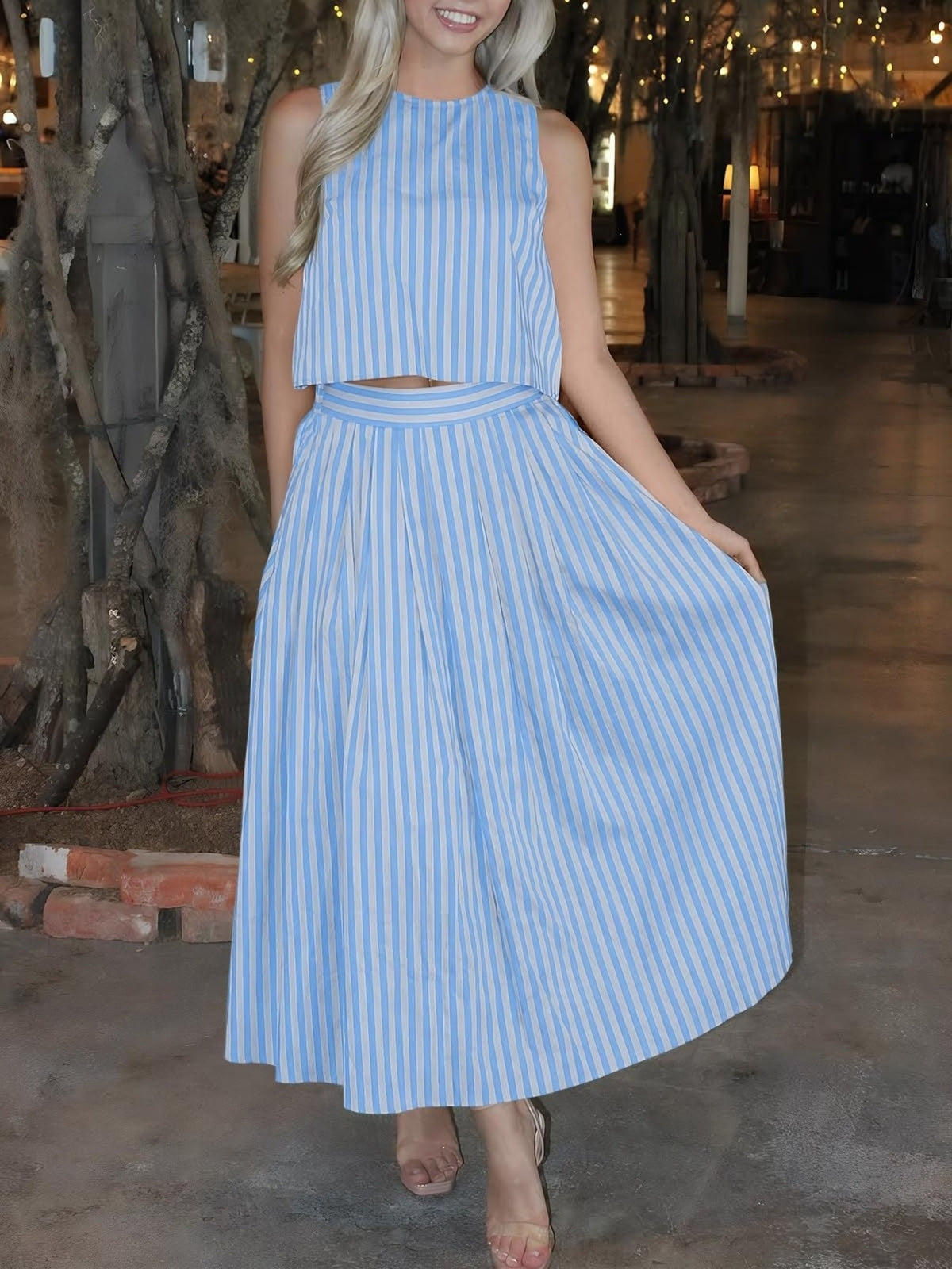 Green striped sleeveless top and midi skirt set