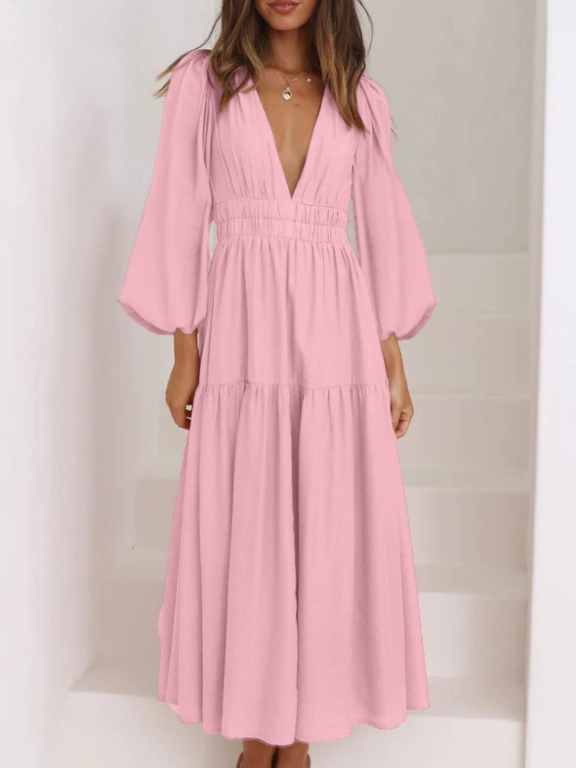 Deep V-Neck Balloon Sleeve Plain Maxi Dress - Fashorio