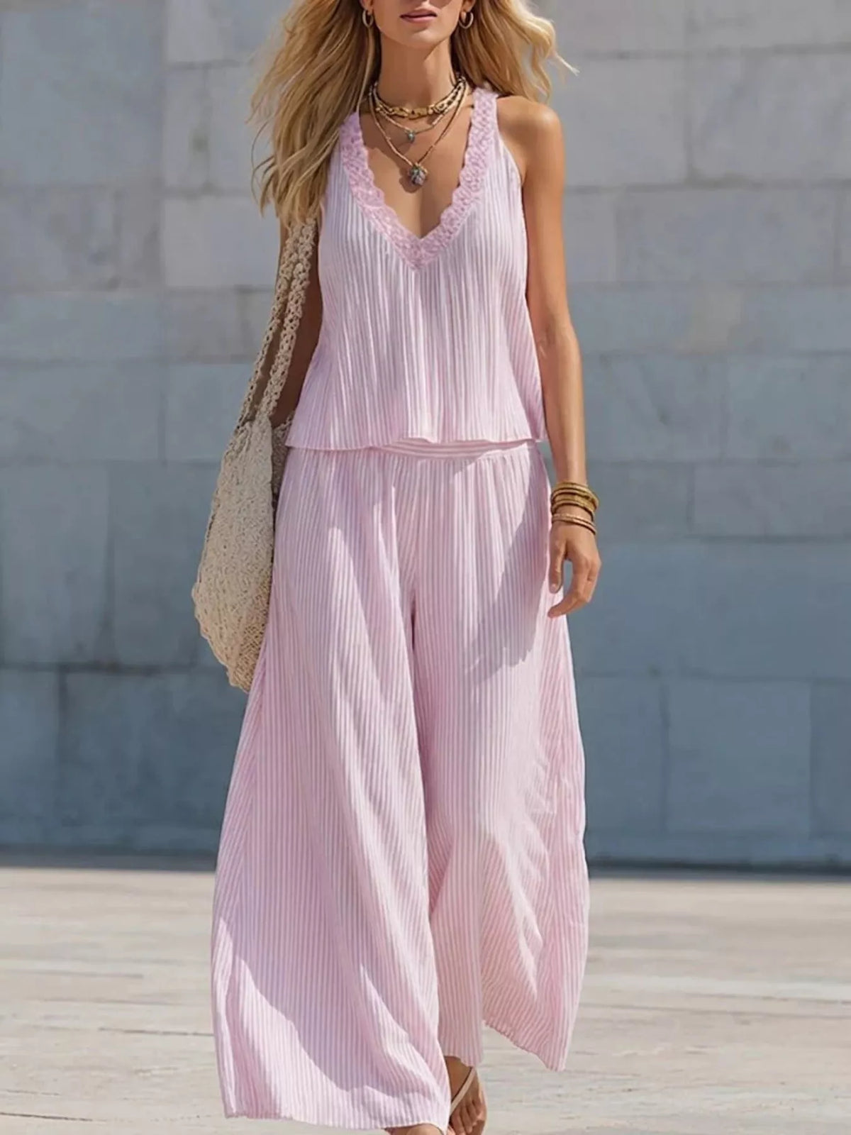 Striped tank lace detail