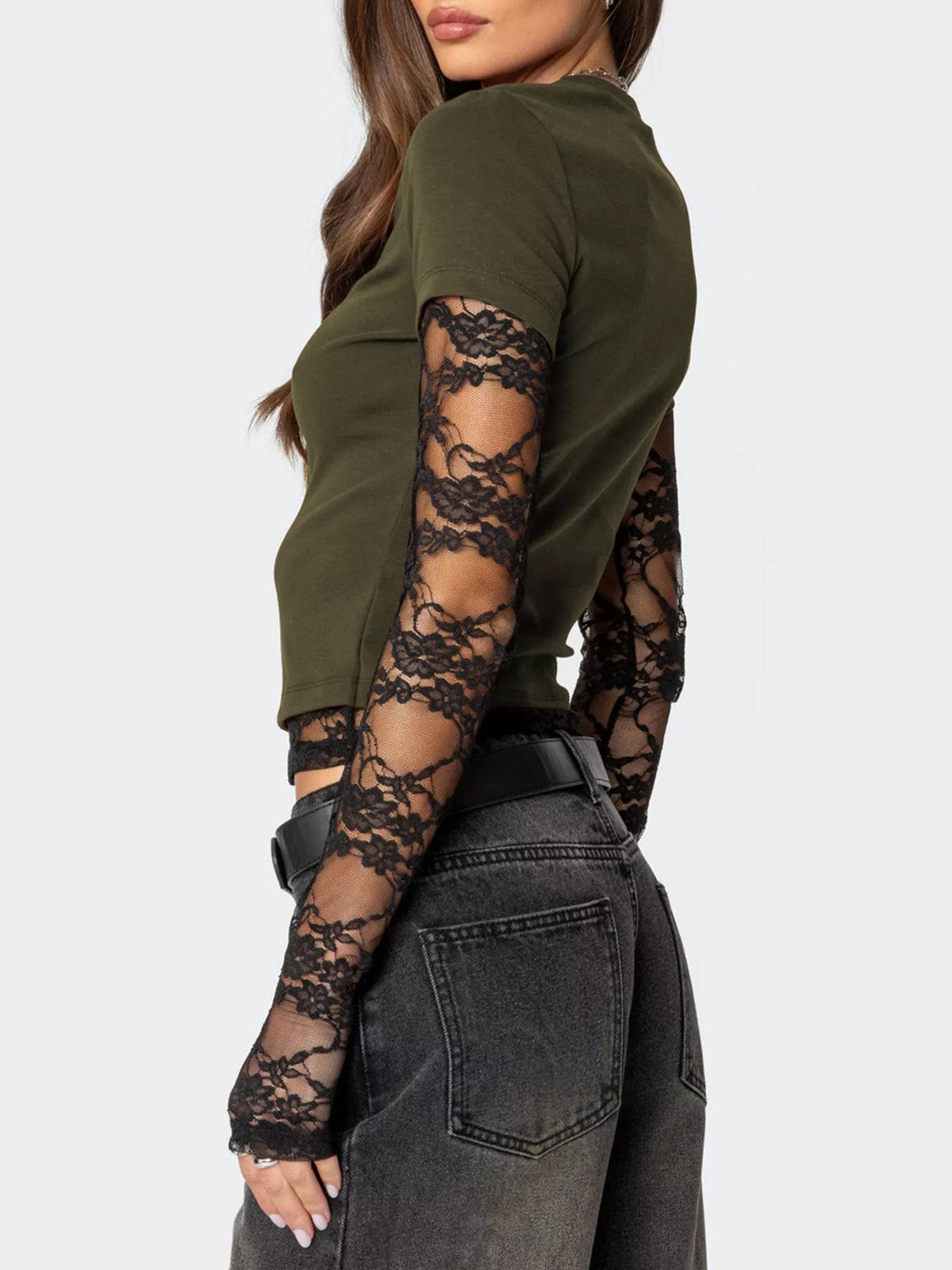 Cropped tee with sheer lace long sleeves back view