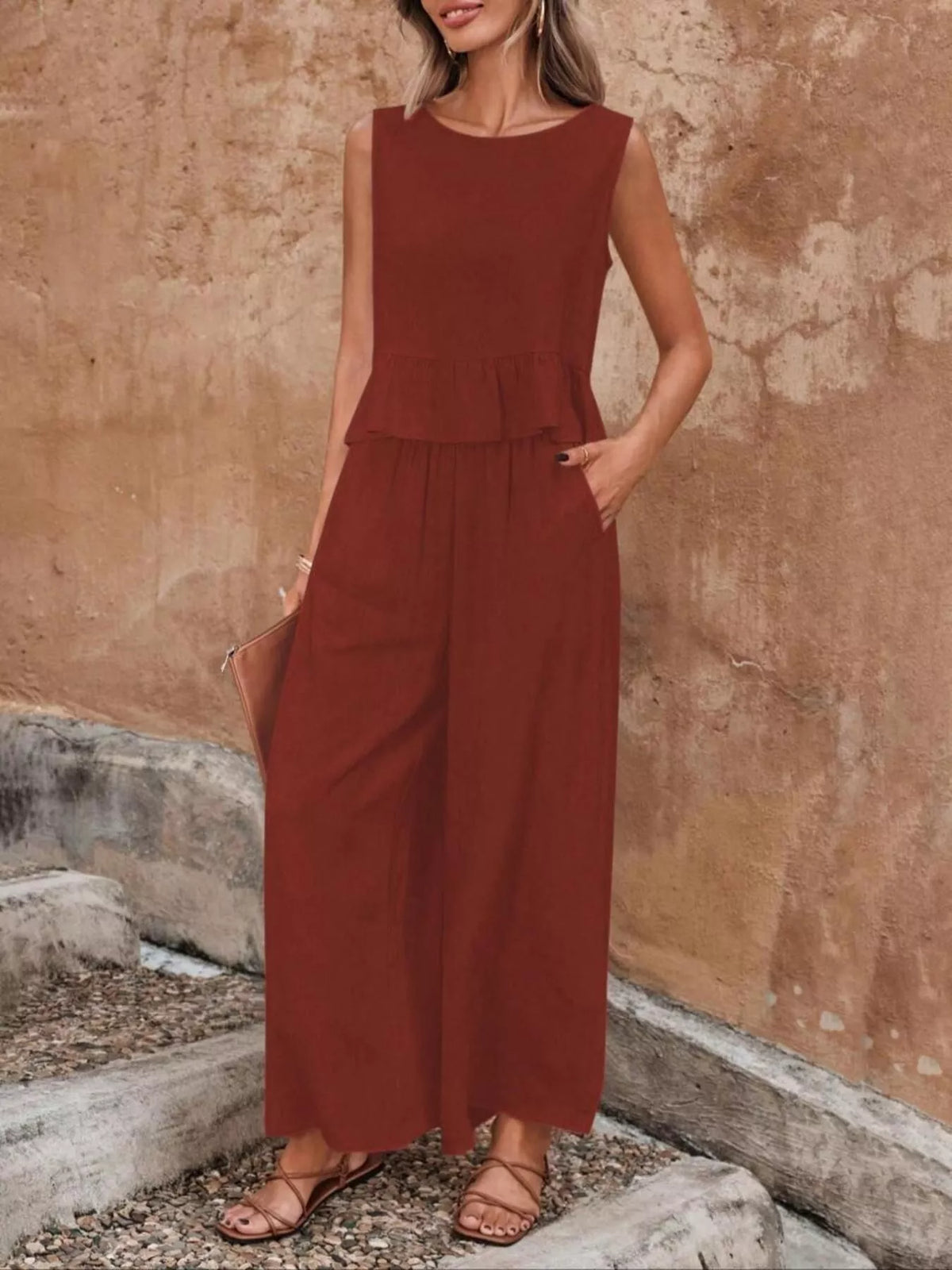 Sleeveless Ruffle Hem Top and Wide Leg Pants Set, view 16