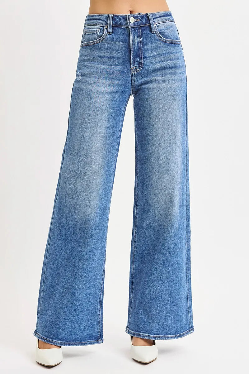 RISEN medium blue high rise wide leg jeans front