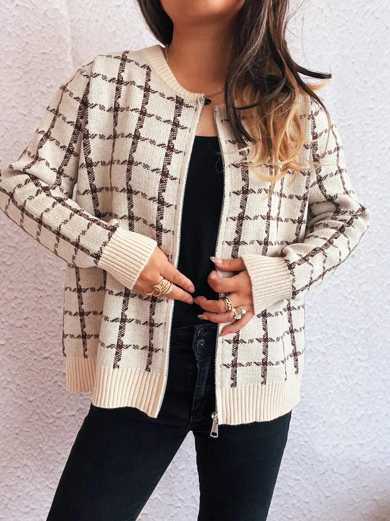 Plaid Pattern Zip Up Cardigan - Fashorio