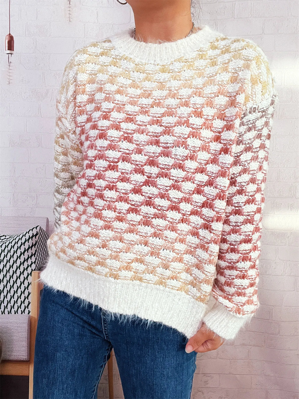 Rainbow gradient round neck sweater close up