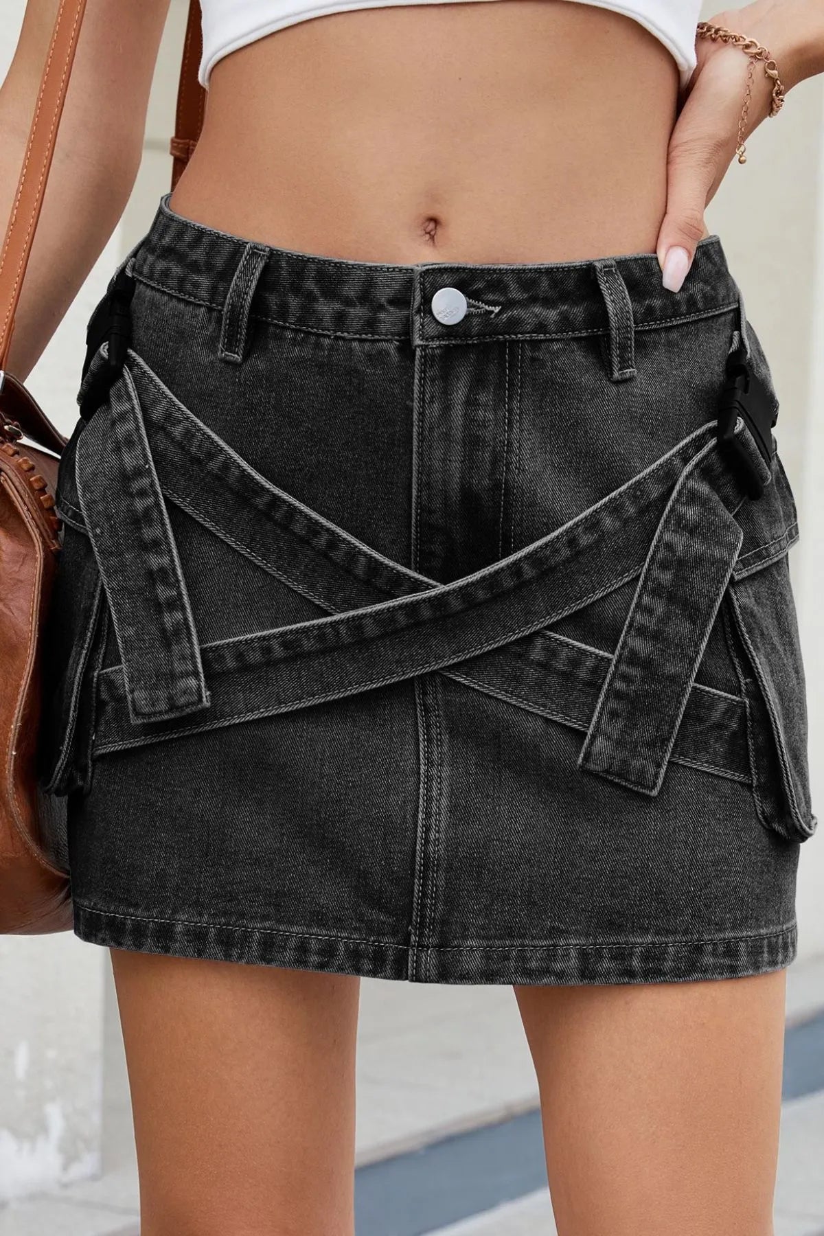 Criss-Cross Waist Detail Denim Mini Skirt Black Gray - Fashorio
