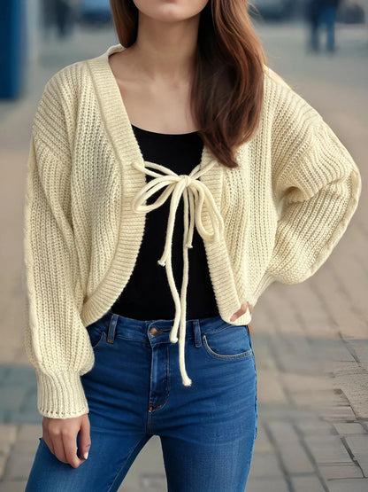 Tied Dropped Shoulder Long Sleeve Cardigan - Fashorio