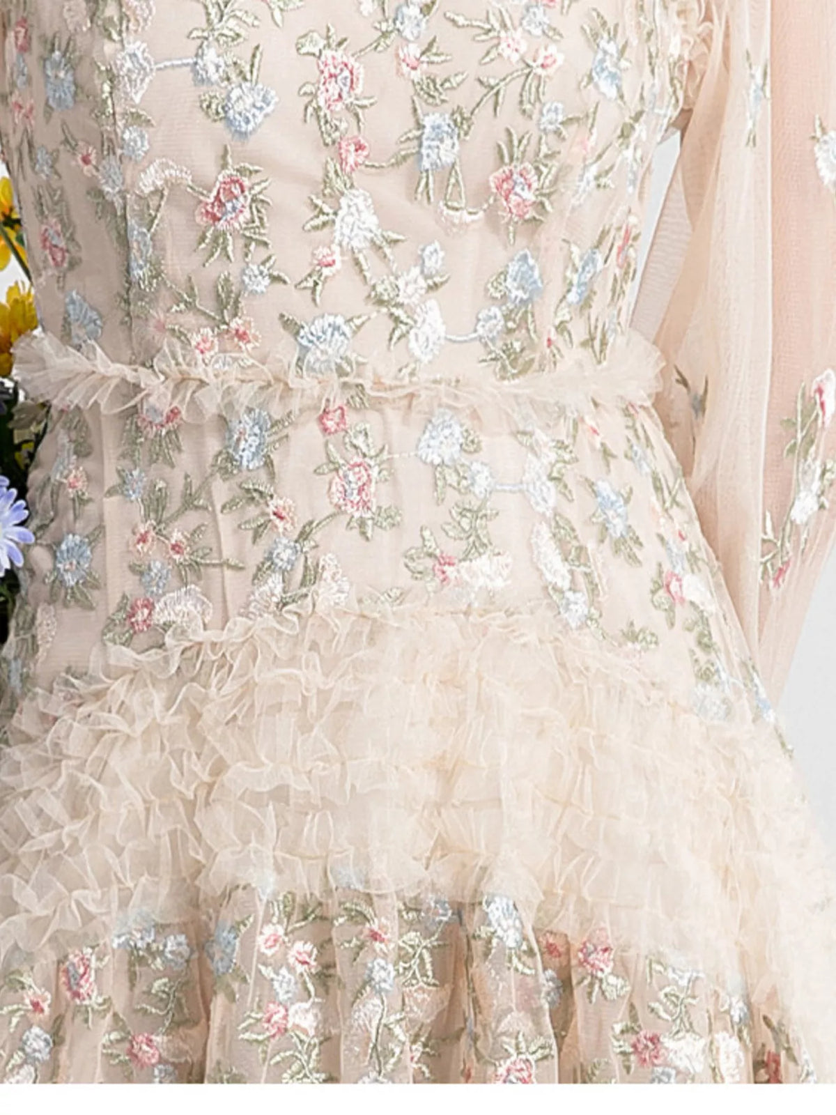 Apricot floral tulle layered maxi dress back detail
