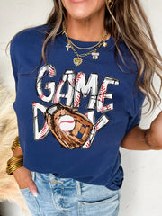 GAME DAY Graphic Short Sleeve T Shirt Blue - Fashorio