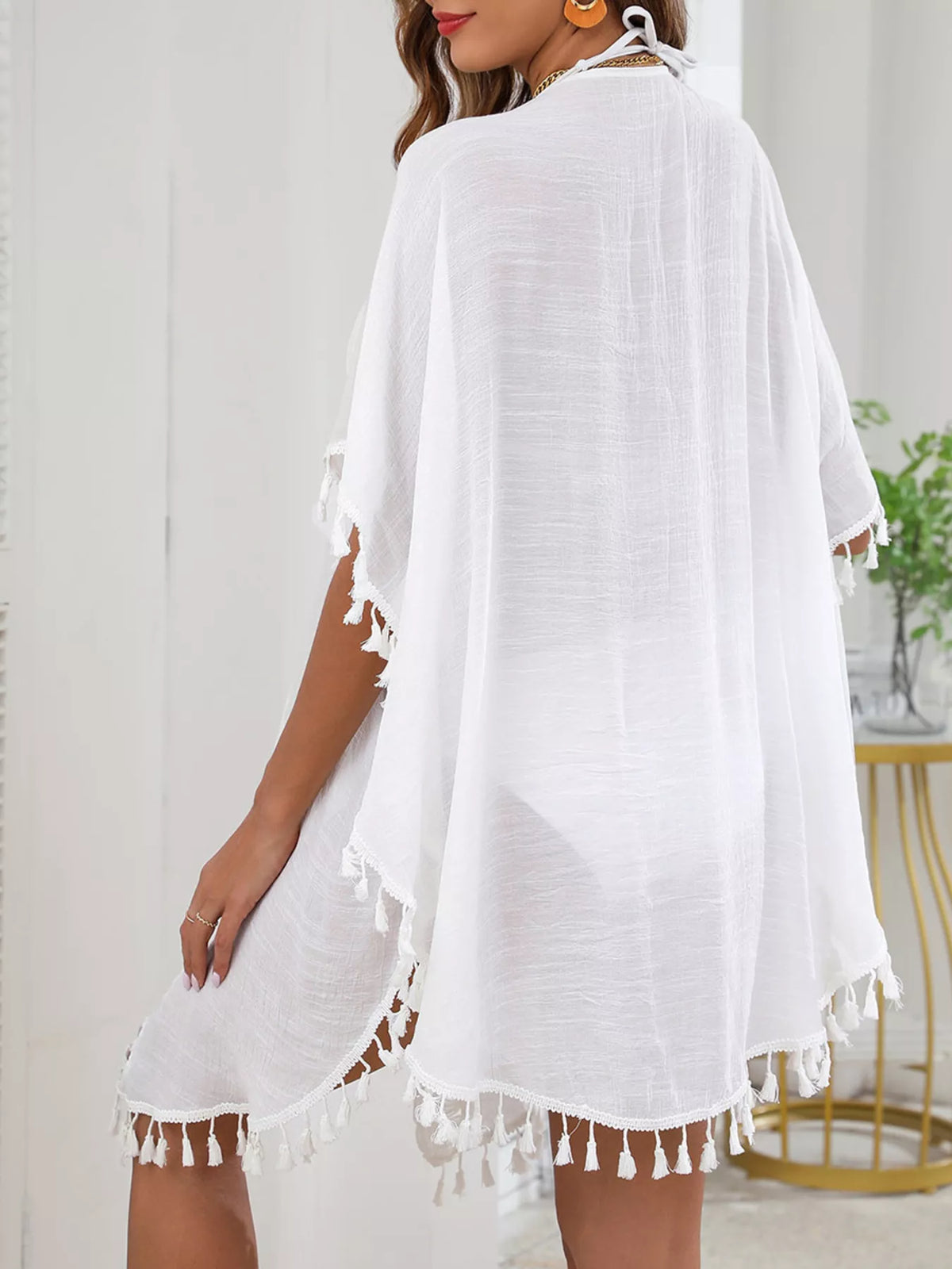 White tassel trim tie front cover up full length view