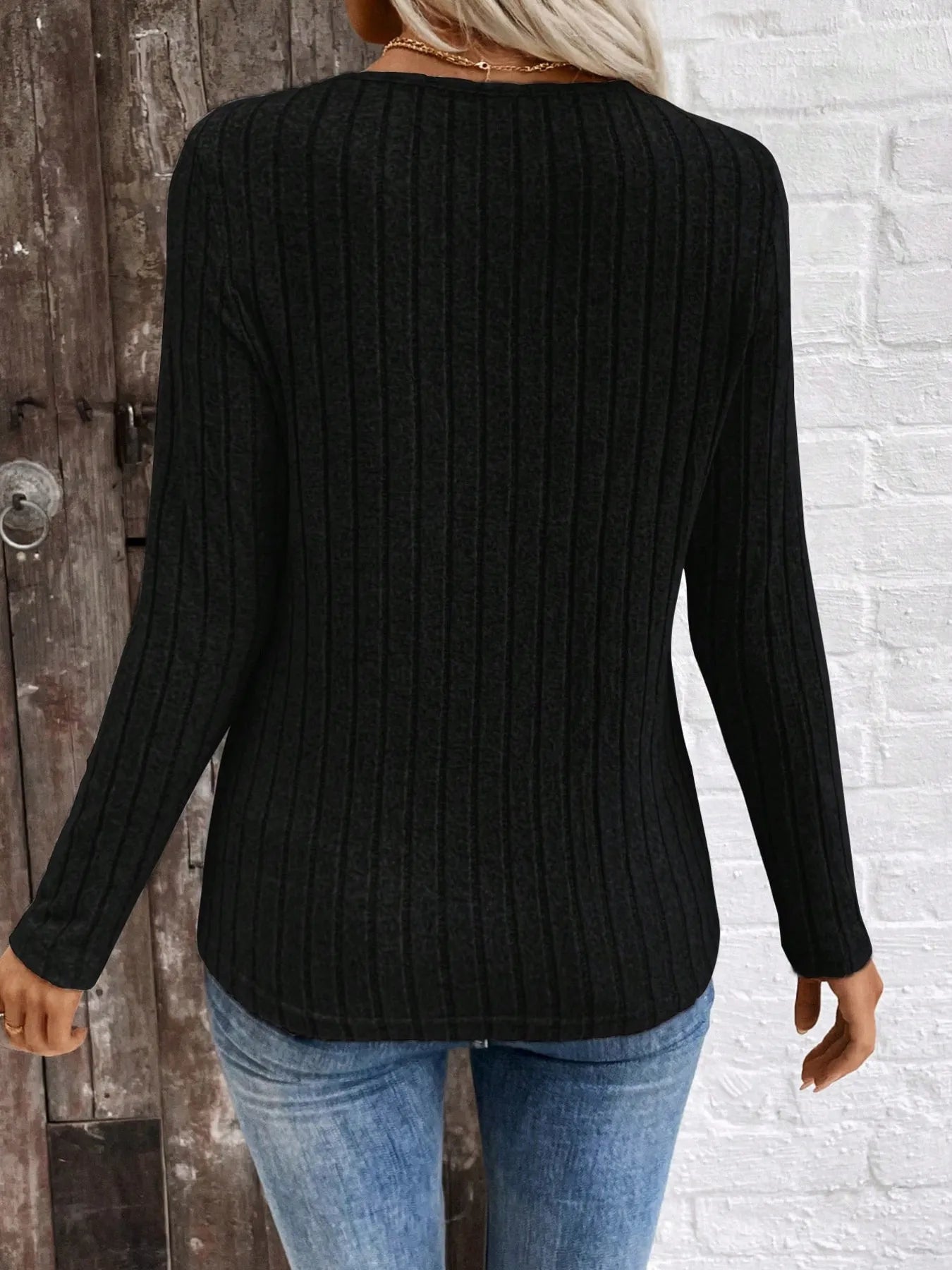 Ribbed V-Neck Long Sleeve Knit T-Shirt - Fashorio