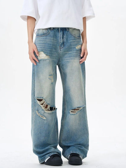 Men's Distressed Wide Leg Jeans Blue - Fashorio