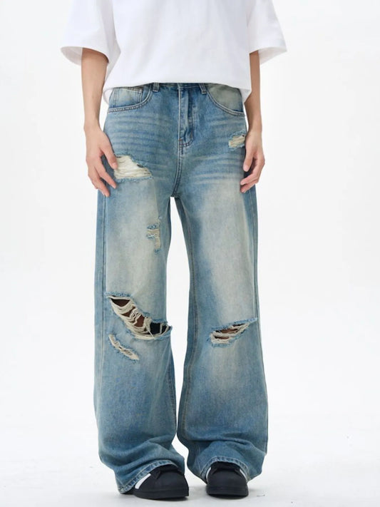Men's Distressed Wide Leg Jeans Blue - Fashorio