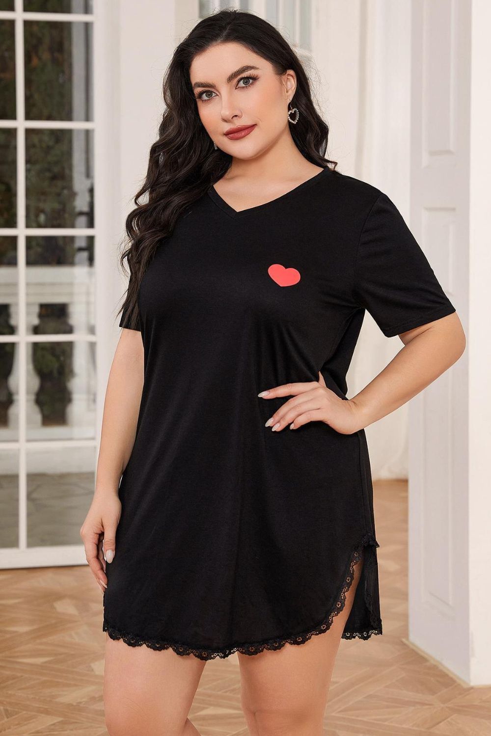 Plus Size Lace Trim V-Neck Short Sleeve Night Dress - Fashorio