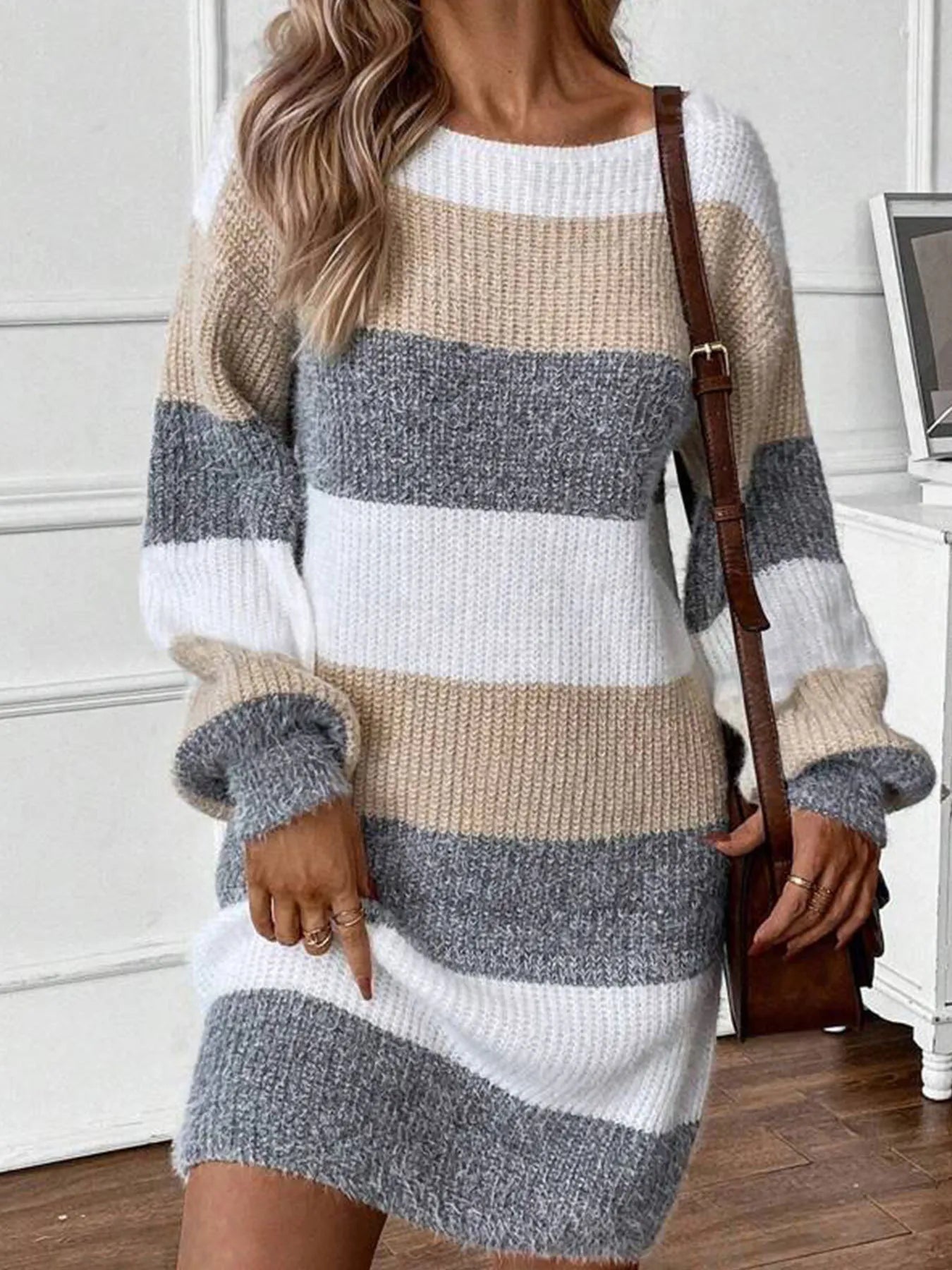 Color Block Long Sleeve Sweater Dress - Fashorio