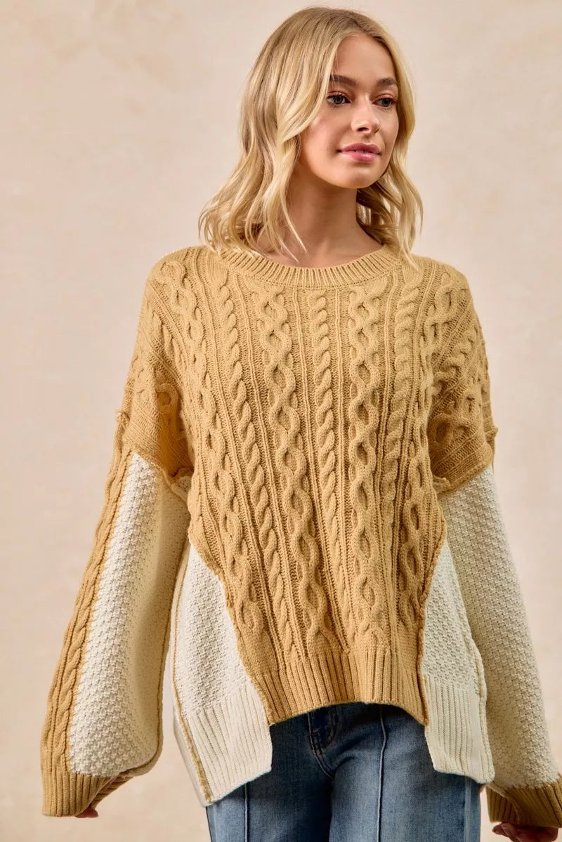 Cable Knit Uneven Hem Sweater in Mustard and Ivory detail
