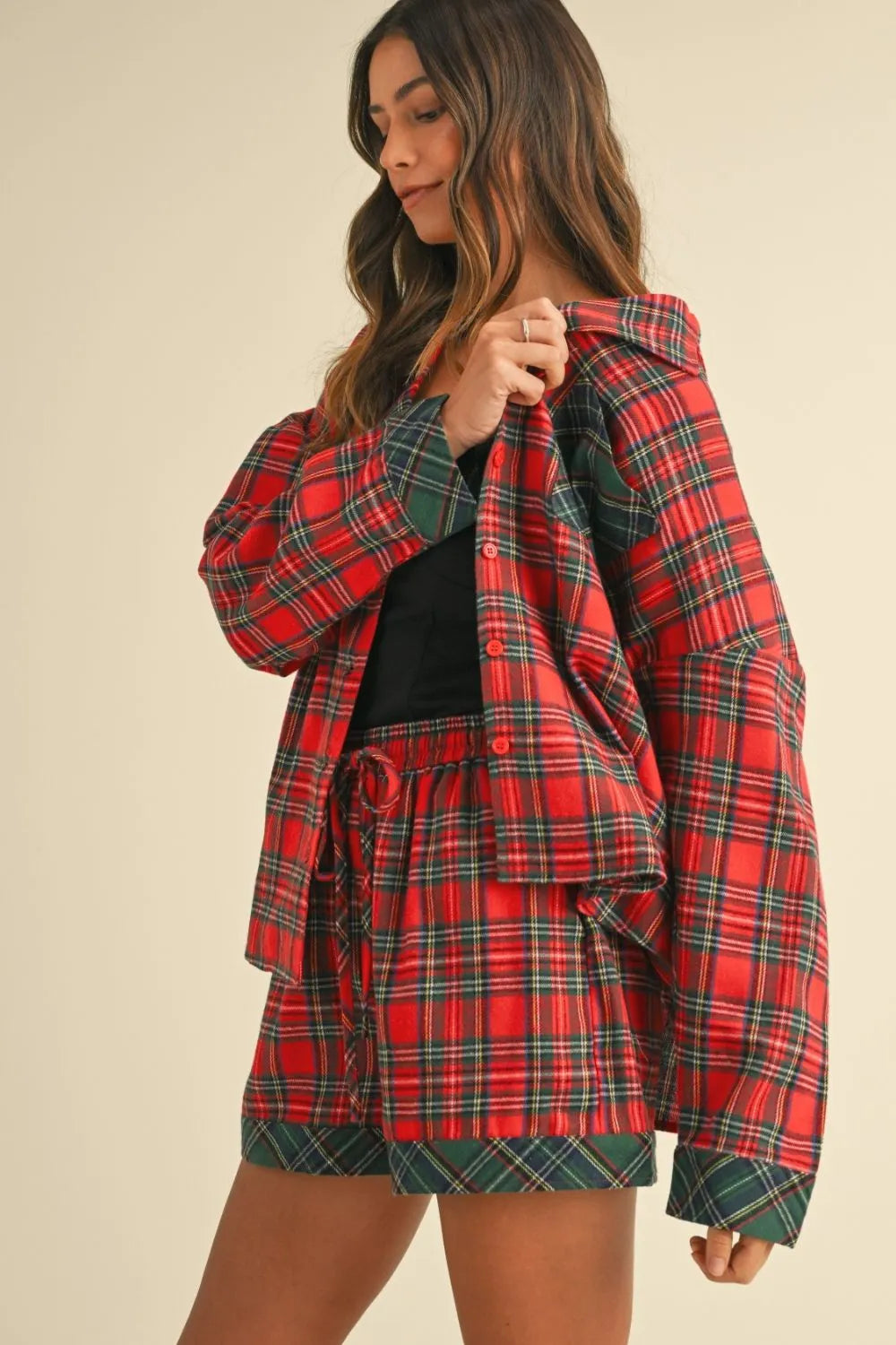 Annie Wear Contrast Plaid Long Sleeve Top and Shorts Set - Fashorio