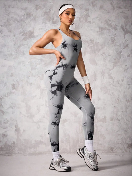 Back Crisscross Tie-Dye Scoop Neck Active Jumpsuit Gray - Fashorio