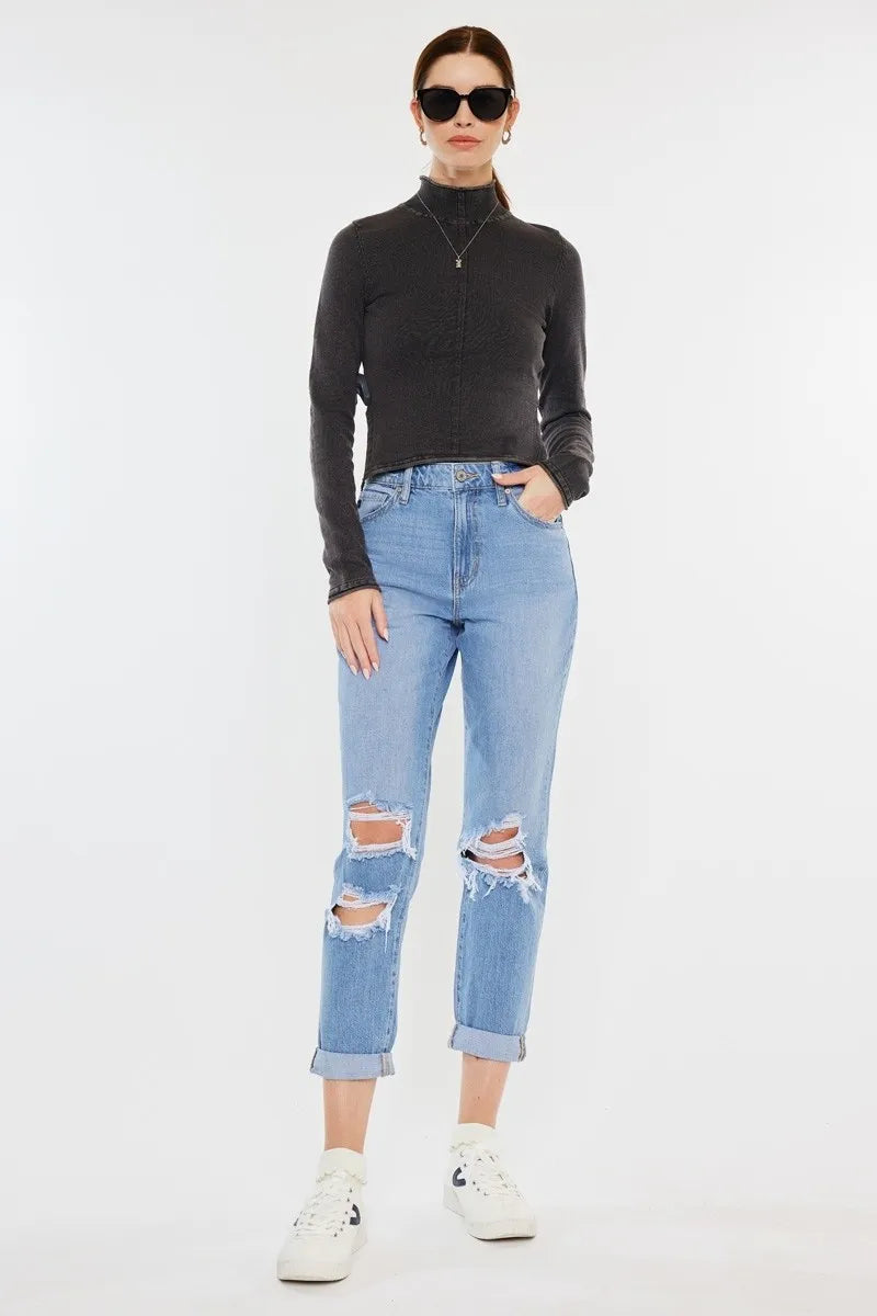 Kancan High Rise Distressed Mom Jeans - Fashorio