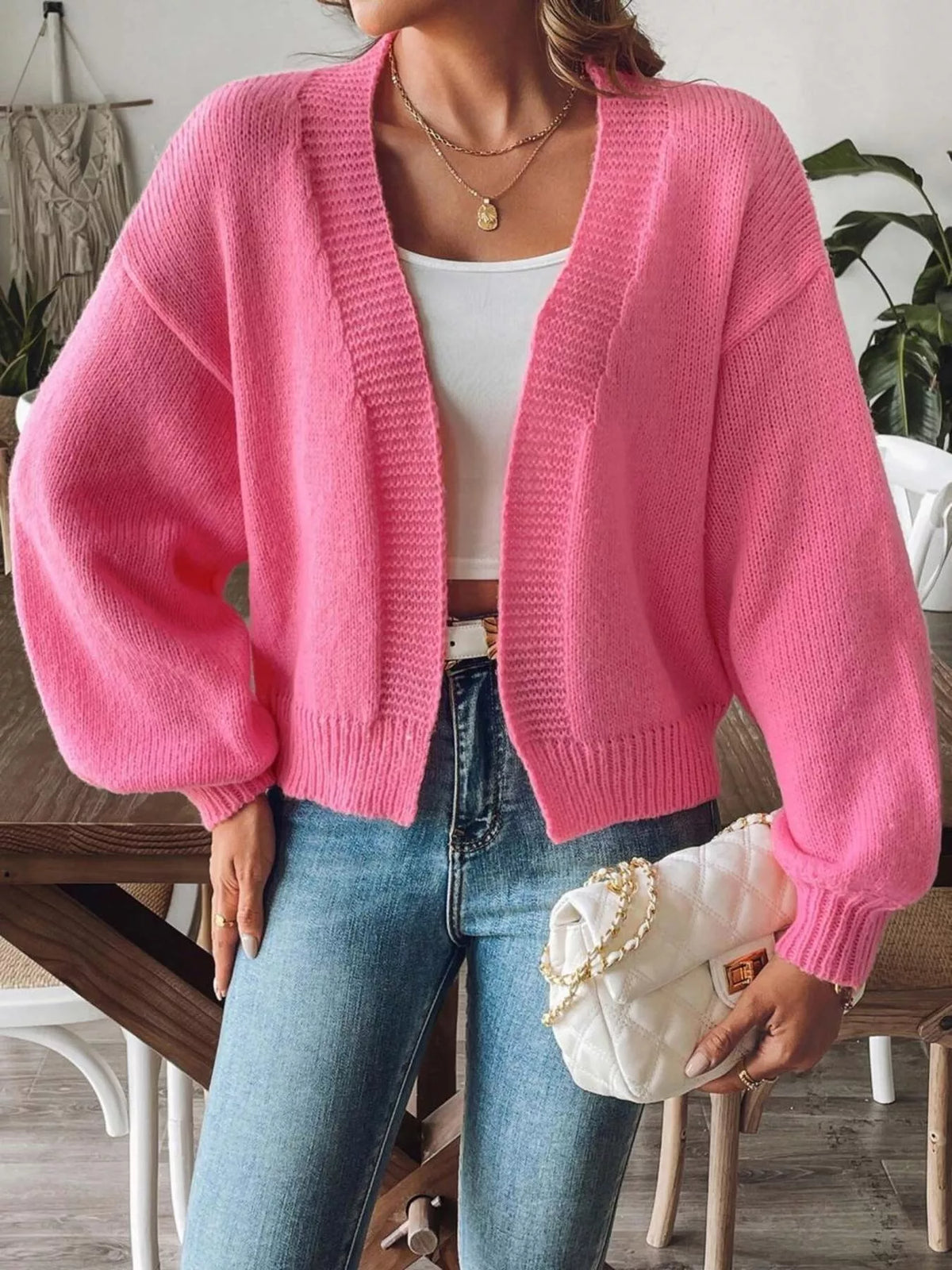 open front dropped shoulder cardigan neckline detail