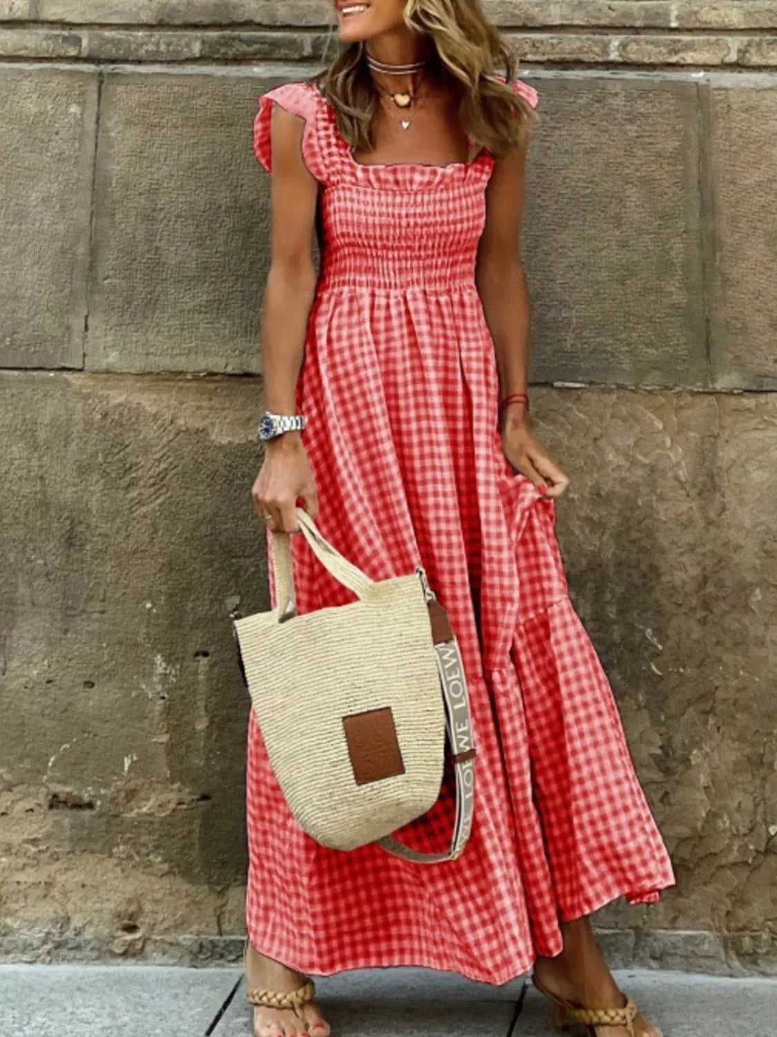 Gingham smocked ruffle maxi dress front view