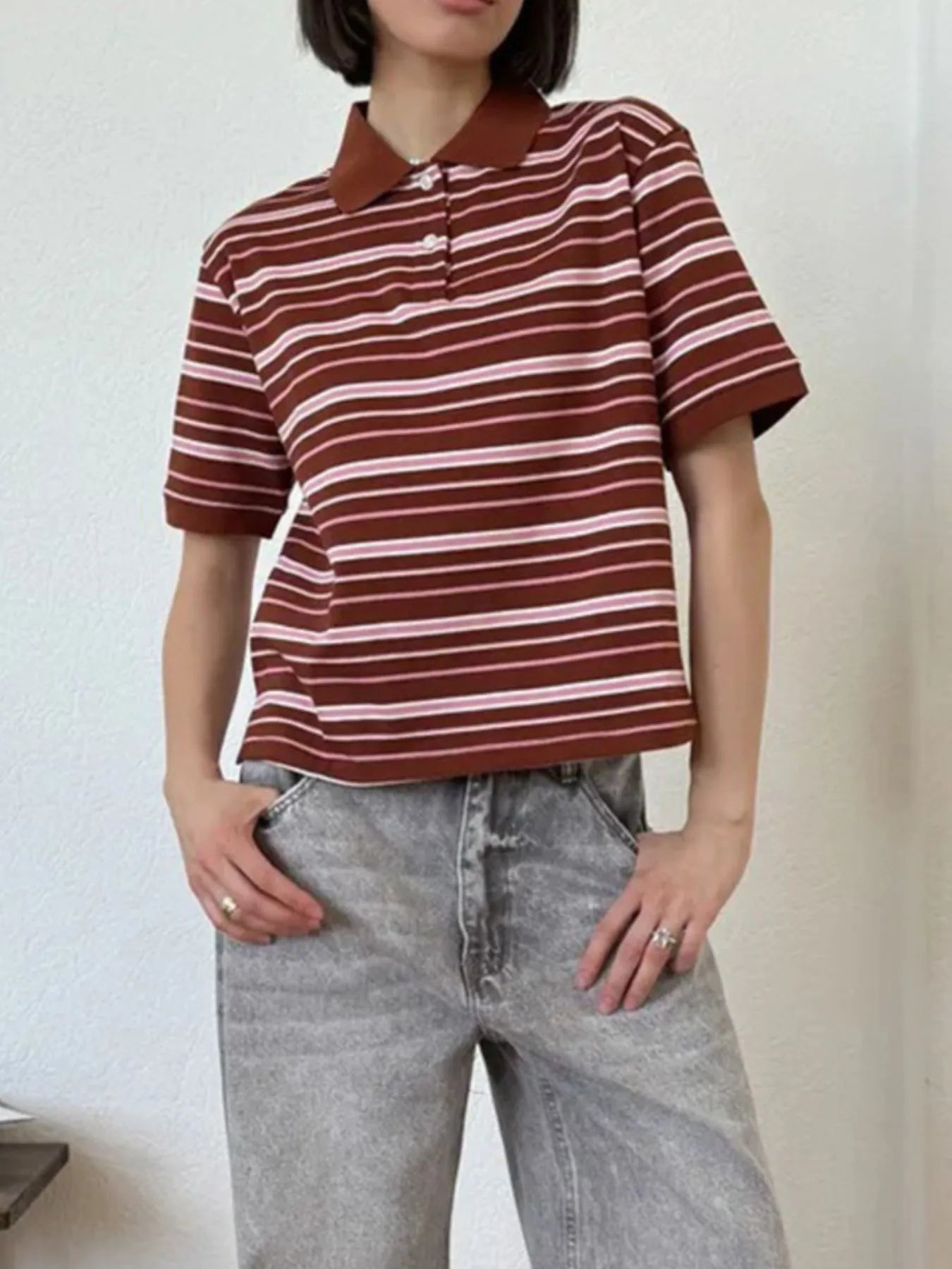 Striped Polo T-Shirt with Contrast Collar - Fashorio