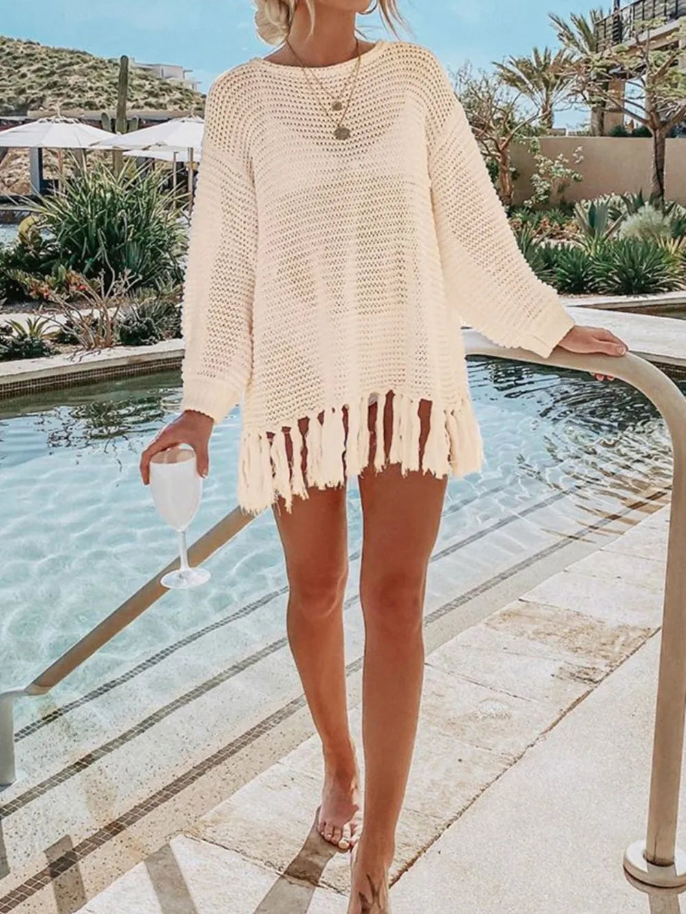 Angel Wings Openwork Tassel Hem Knit Kimono Cover Up, view 15