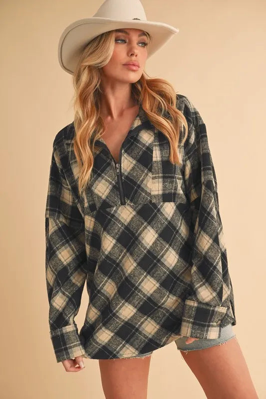 Black slit plaid half zip drop shoulder top front view