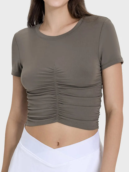 Millennia Ruched Round Neck Short Sleeve Active T-Shirt - Fashorio