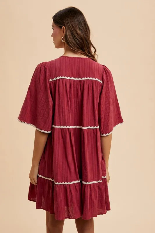 Tassel Tie Neck Tiered Dress in Burgundy side view