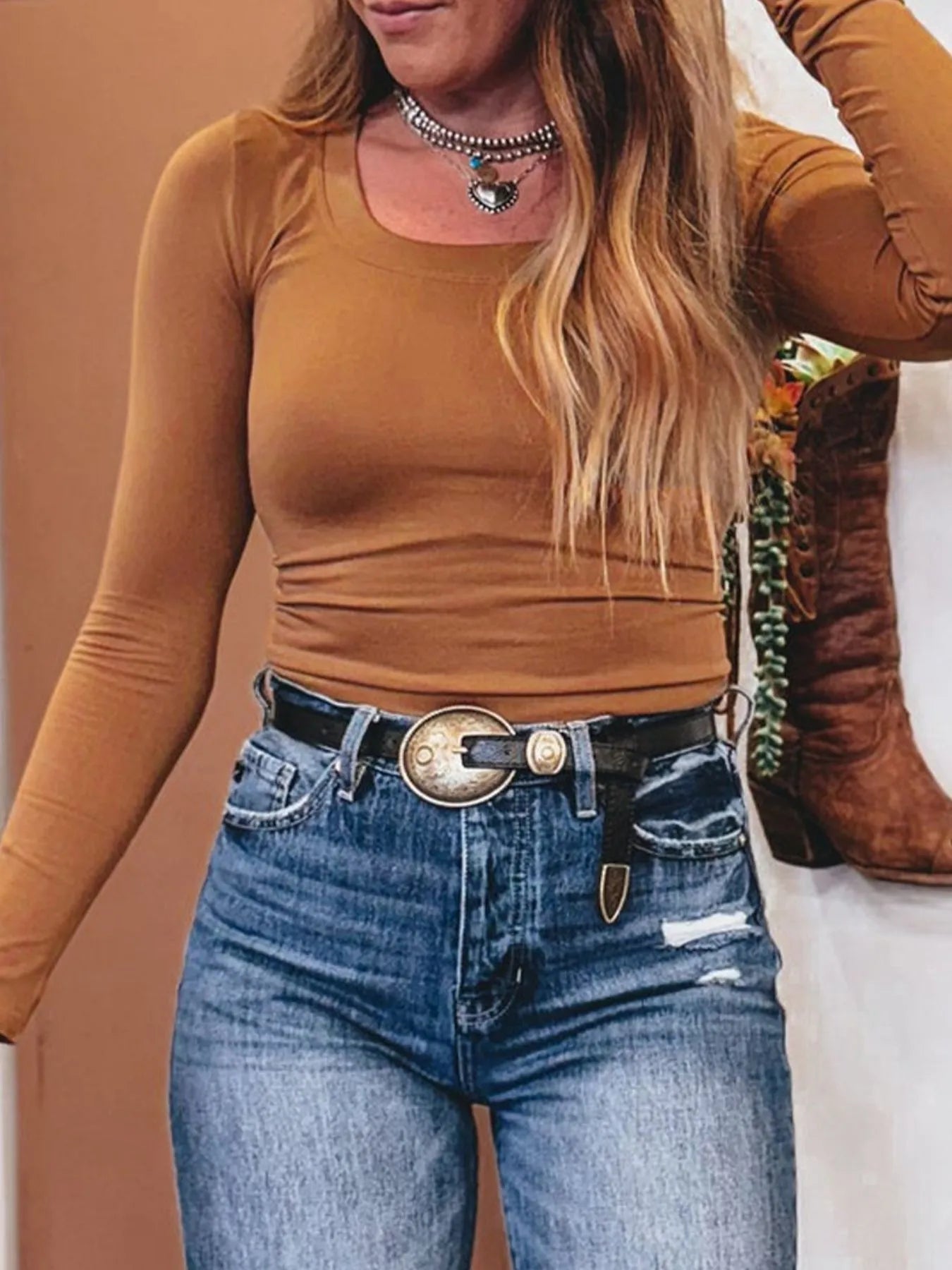 Long Sleeve Crop T-Shirt Camel - Fashorio
