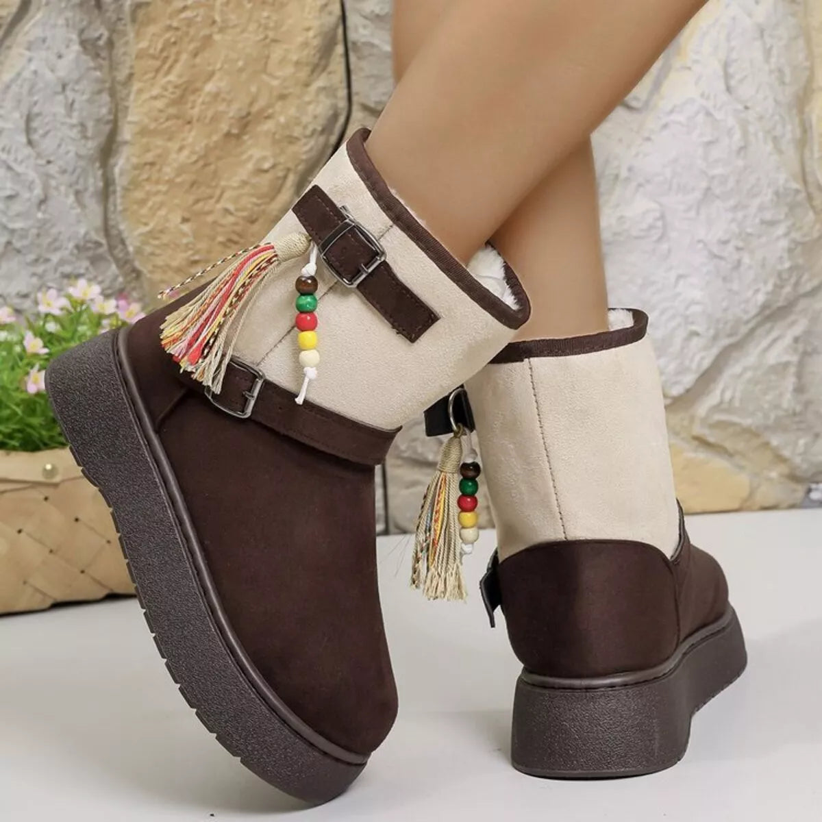 Bohemian Style Ankle Boots with Tassel Decor full pair view