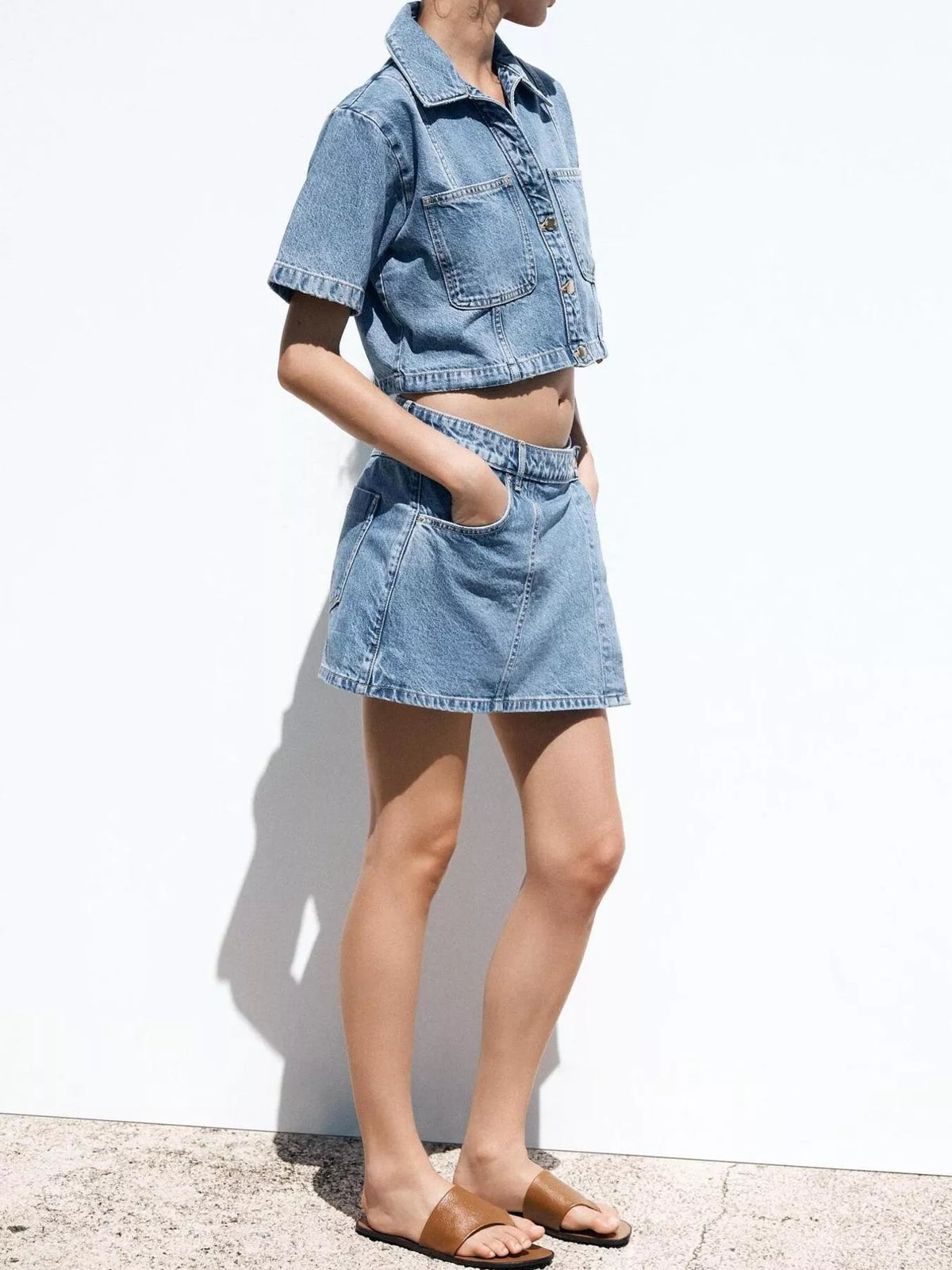 Blue denim top and skort set full outfit