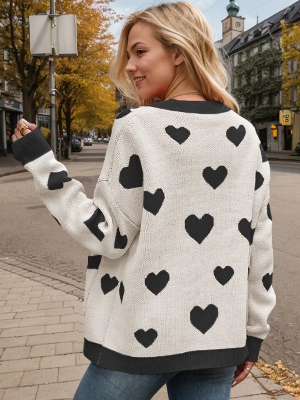 Heart Button Up Dropped Shoulder Long Sleeve Cardigan - Fashorio