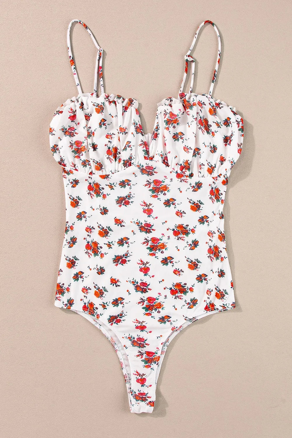 Floral Frilled Trim Spaghetti Straps Bodysuit - Fashorio